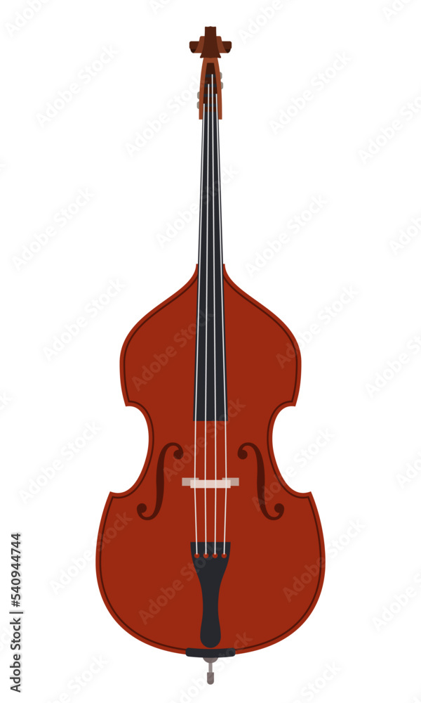 Contrabass vector illustration, isolated on white background. Classical brown contrabass in flat design style. Classic stringed musical instrument. Double bass, contrabass clipart.