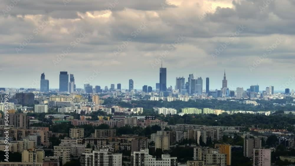 Drone view of Warsaw skyline in Poland. Downtown, skyscrapers, aerial view, above, cityscape, sky. 4K Drone Video Footage Drone view of Warsaw skyline in Poland. Downtown, skyscrapers, aerial view, above, cityscape, sky. 4K Drone Video Footage