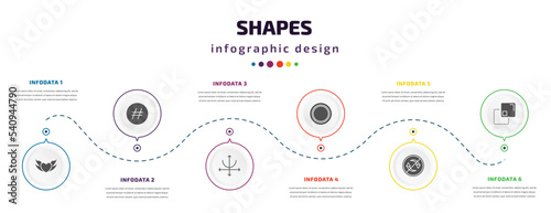 shapes infographic element with icons and 6 step or option. shapes icons such as devil heart with wings, hash key, parabola, blank circle, non recyclable, minus front vector. can be used for banner,