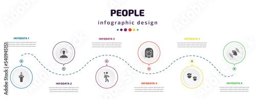 people infographic element with icons and 6 step or option. people icons such as man giving a speech, man with idea, give a piggy back ride, girl smile, heads, waving goodbye vector. can be used for