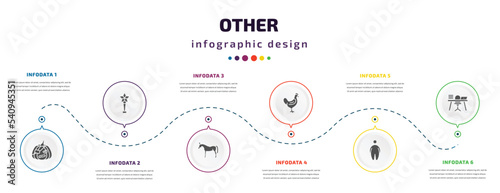 other infographic element with icons and 6 step or option. other icons such as pirate pumpkin, star prize, arab horse, chichen hen, overweight, studying zone vector. can be used for banner, info