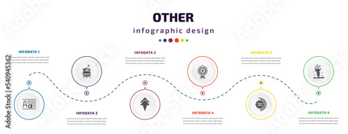 other infographic element with icons and 6 step or option. other icons such as paragraph aa, caudron, arrowup, loto, the 30 minutes, zambie hand vector. can be used for banner, info graph, web, photo
