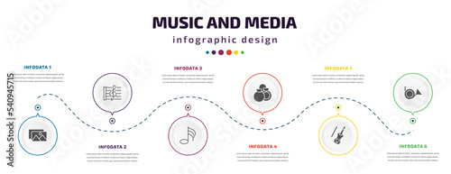 music and media infographic element with icons and 6 step or option. music and media icons such as album, stave, thirty second note, castanets, cello, french horn vector. can be used for banner,