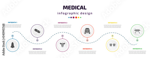 medical infographic element with icons and 6 step or option. medical icons such as l, medical pill, caduceus, sternum, braces, table of treatments vector. can be used for banner, info graph, web,