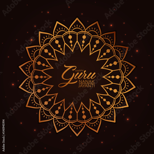 Happy Guru Nanak Jayanti festival of India. Beautiful luxury design with golden mandala and lights around it as card for Indian celebration of Guru Nanak's birthday.