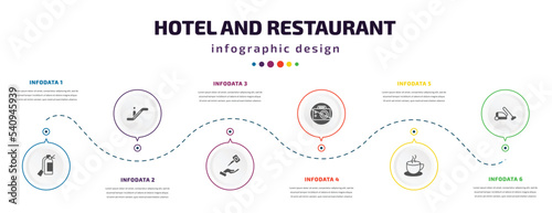 hotel and restaurant infographic element with icons and 6 step or option. hotel and restaurant icons such as fire extinguisher, or, valet, no pictures, coffee, vacuum cleaner vector. can be used for