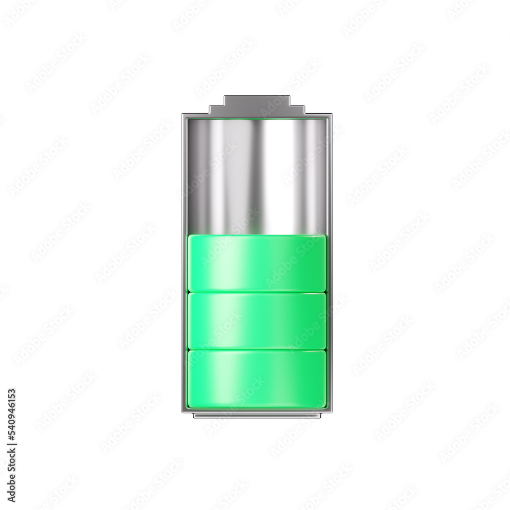 Battery 3d icon - medium level capacity, energy storage. Power charge indicator, lithium element render illustration Battery 3d icon - medium level capacity, energy storage. Power charge indicator, lithium element render illustration