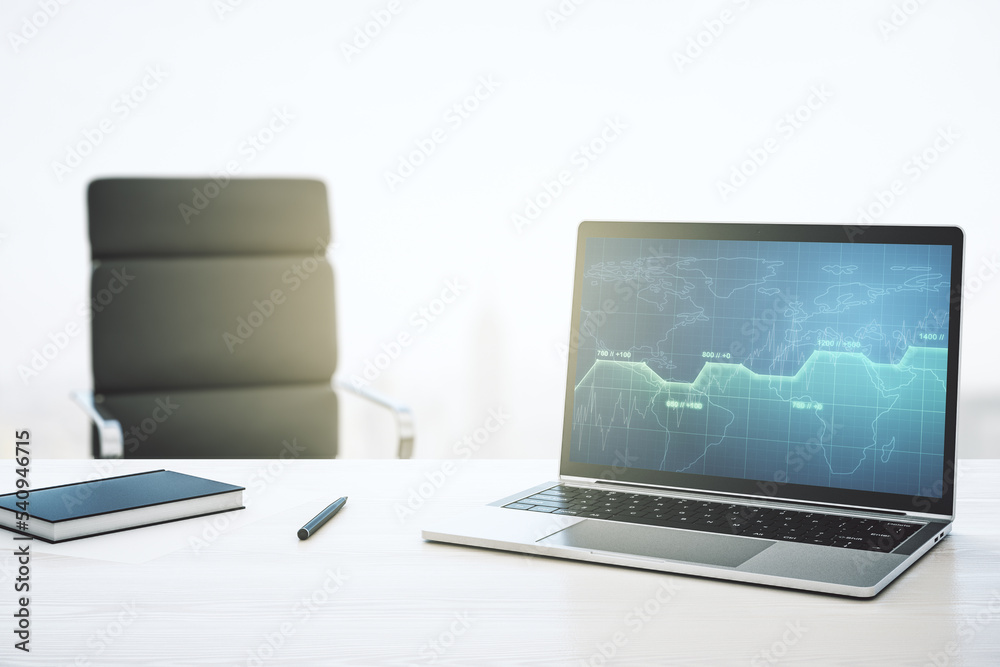 Fototapeta premium Modern computer screen with creative statistics data hologram, stats and analytics concept. 3D Rendering