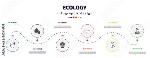 ecology infographic element with icons and 6 step or option. ecology icons such as eco plug, oil drops, recycle bin, wind bending tree, tree of love, and books vector. can be used for banner, info