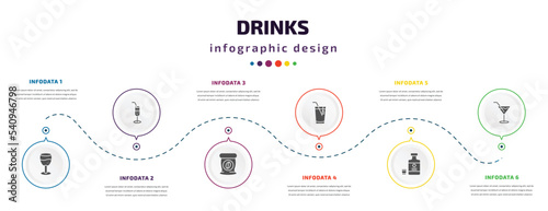 drinks infographic element with icons and 6 step or option. drinks icons such as brandy glass, ramos gin fizz, coffee bag, ice tea, herbal liquor, martini vector. can be used for banner, info graph,