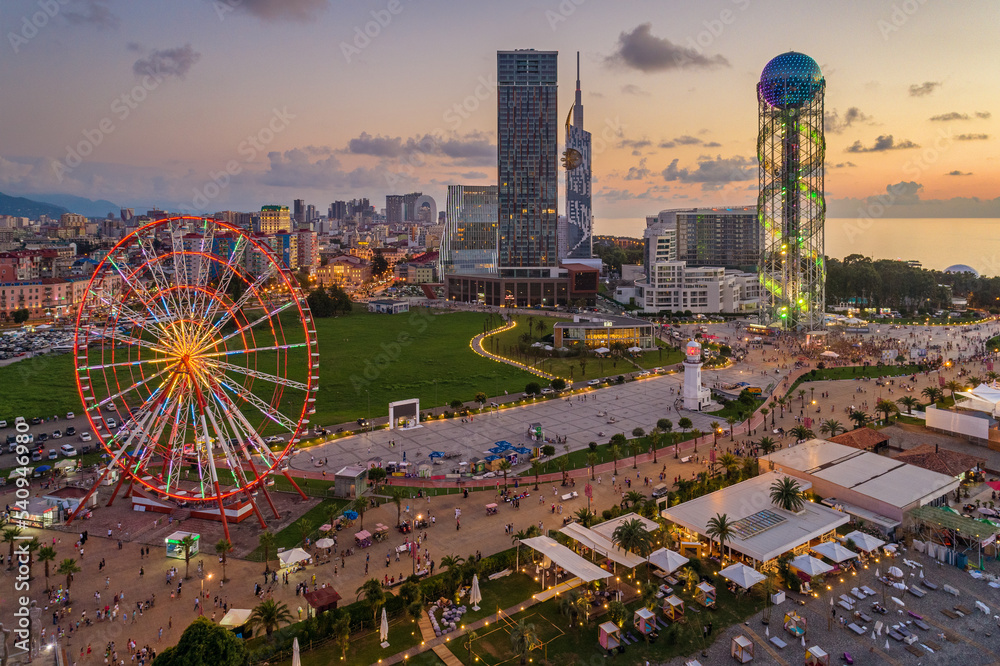 Aerial view of Batumi, Georgia. The Ferris Wheel and the Alphabet Tower are in the foreground.