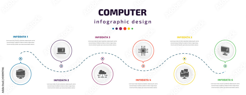 Naklejka premium computer infographic element with icons and 6 step or option. computer icons such as circular de, open laptop on, cloud network, computer micro chip, online chat, 3d screen vector. can be used for