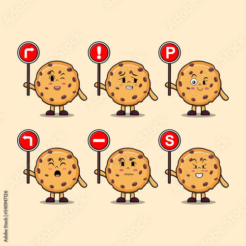 Cute Biscuits cartoon character holding traffic sign illustration in modern 3d style design