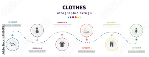 clothes infographic element with icons and 6 step or option. clothes icons such as flat shoes, long bandeau dress, cotton polo shirt, gladiator sandal, jeans, one shoulder dress vector. can be used
