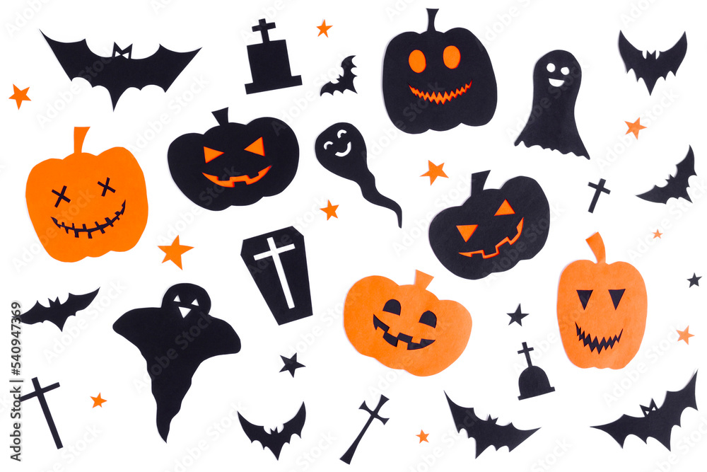 Happy halloween, pumpkin smile, ghost, bats, christian cross and grave make from black paper cut on white background, Decorative Halloween concept