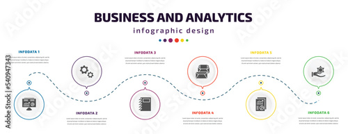 business and analytics infographic element with icons and 6 step or option. business and analytics icons such as hash rate, cogwheel hine part, workbook, correspondence, print document, revenue