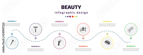beauty infographic element with icons and 6 step or option. beauty icons such as inclined makeup brush, disposable razor, one foot, make up, nail brush, comb vector. can be used for banner, info