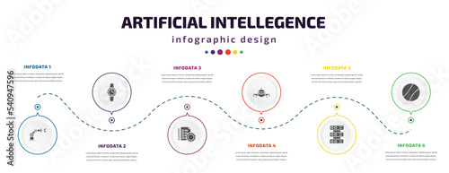 artificial intellegence infographic element with icons and 6 step or option. artificial intellegence icons such as mechanical arm, wristwatch, evaluation, aeroplane, servers, ball vector. can be