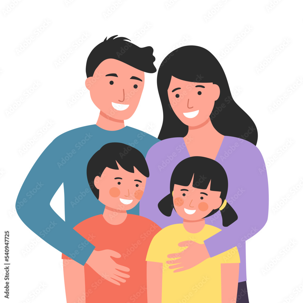 Happy family concept vector illustration. Father, mother, son, and daughter in flat design on white background. Happy family concept vector illustration. Father, mother, son, and daughter in flat design on white background.