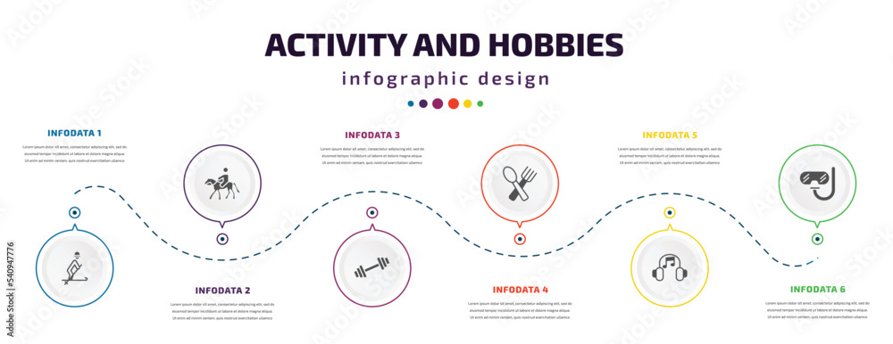 activity and hobbies infographic element with icons and 6 step or option. activity and hobbies icons such as skiing, horse riding, exercising, eating, listening music, diving vector. can be used for