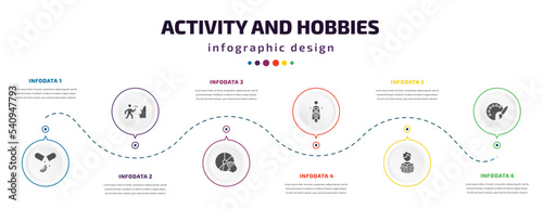 activity and hobbies infographic element with icons and 6 step or option. activity and hobbies icons such as vitamin, mineral collecting, disc jockey, motorcycle riding, newspaper readign, coloring