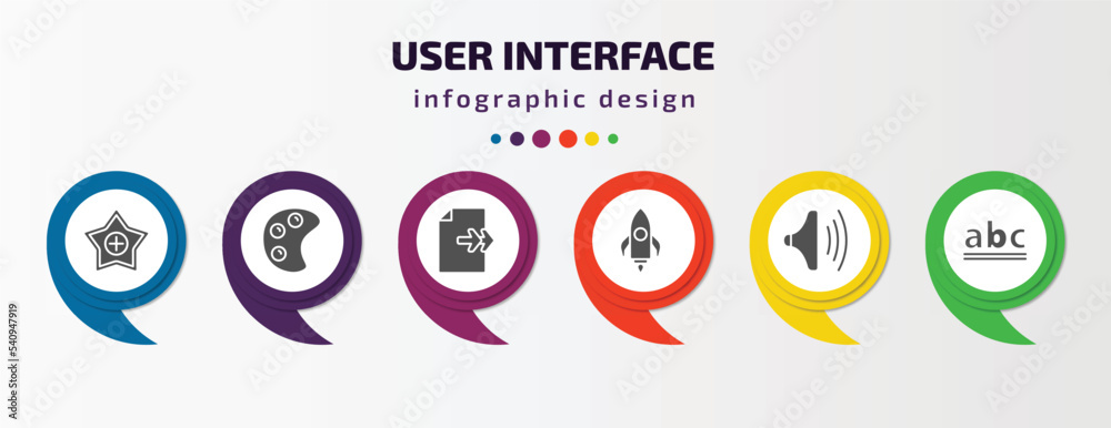 user interface infographic template with icons and 6 step or option. user interface icons such as favourite, paint, next page, rocket launch, high volume, lowercase vector. can be used for banner, user interface infographic template with icons and 6 step or option. user interface icons such as favourite, paint, next page, rocket launch, high volume, lowercase vector. can be used for banner,