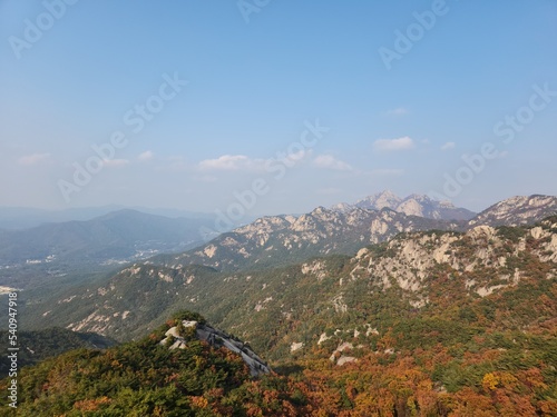 Bukhansan National Park. Bukhansan Bibong Peak - Hyangnobong Peak. autumn mountains. hiking Korean mountains. mountain landscapes in autumn. trekking. rise to the top of the mountain. photo