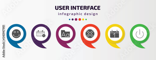 user interface infographic template with icons and 6 step or option. user interface icons such as winking smile, timetable, fonts, jamaican, first date, turn off vector. can be used for banner, info