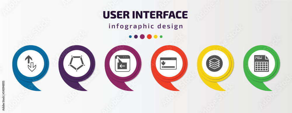 user interface infographic template with icons and 6 step or option. user interface icons such as up and down arrow, pentagonal chart, window back button, window scrolling right, layer button, user interface infographic template with icons and 6 step or option. user interface icons such as up and down arrow, pentagonal chart, window back button, window scrolling right, layer button,