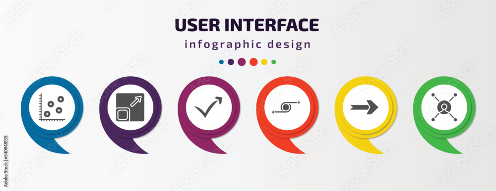 user interface infographic template with icons and 6 step or option. user interface icons such as spotted data, size, check mark arrow, move content, curved right arrow, multitasking worker vector. user interface infographic template with icons and 6 step or option. user interface icons such as spotted data, size, check mark arrow, move content, curved right arrow, multitasking worker vector.