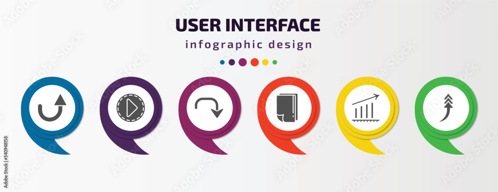 user interface infographic template with icons and 6 step or option. user interface icons such as semicircular up arrow, movie play button, downward rotation, white paper, increase success, turn up user interface infographic template with icons and 6 step or option. user interface icons such as semicircular up arrow, movie play button, downward rotation, white paper, increase success, turn up