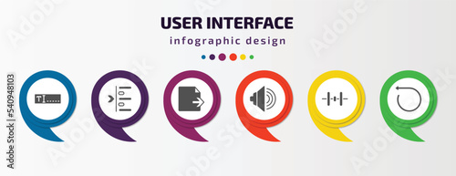 user interface infographic template with icons and 6 step or option. user interface icons such as text box, left side alignment, export archive, sound on, vertical align, rotate left vector. can be