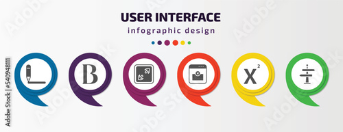 user interface infographic template with icons and 6 step or option. user interface icons such as gross pencil, bold text, expand tool, remove right frame, superscript, vector. can be used for