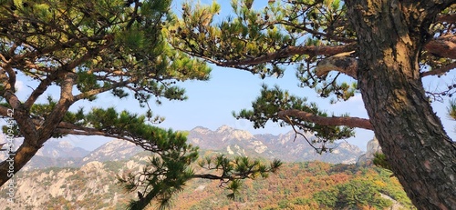 Bukhansan National Park. Bukhansan Bibong Peak - Hyangnobong Peak. autumn mountains. hiking Korean mountains. mountain landscapes in autumn. trekking. rise to the top of the mountain. photo