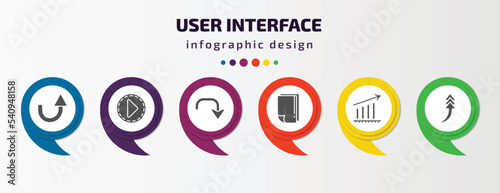 user interface infographic template with icons and 6 step or option. user interface icons such as semicircular up arrow, movie play button, downward rotation, white paper, increase success, turn up