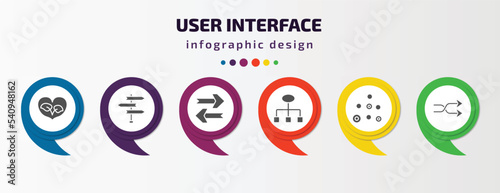 user interface infographic template with icons and 6 step or option. user interface icons such as ecologic heart, road, updating arrow, simple chart interface, scatter circle, crossover vector. can