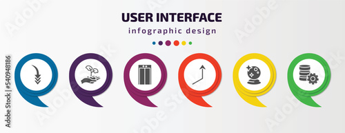 user interface infographic template with icons and 6 step or option. user interface icons such as curved downward arrow, hand and sprout, lift, right up arrow, psychic, data analytics tings vector.