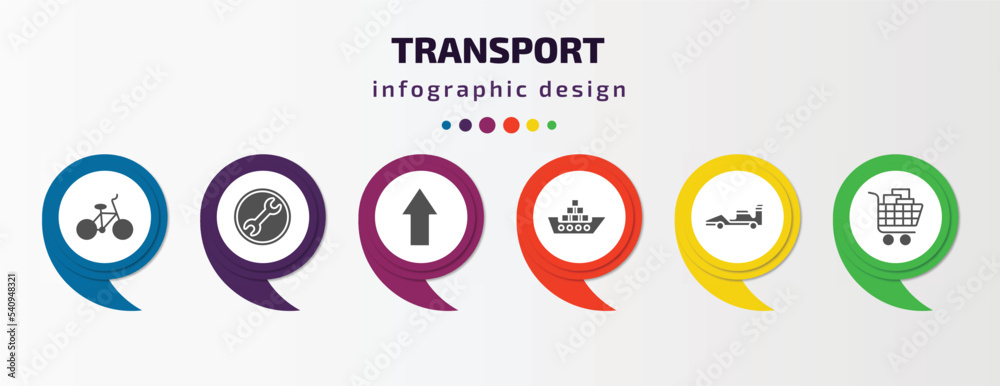 transport infographic template with icons and 6 step or option. transport icons such as bicycle side view, repair, shift, cargo ship, formula 1, cart with boxes vector. can be used for banner, info transport infographic template with icons and 6 step or option. transport icons such as bicycle side view, repair, shift, cargo ship, formula 1, cart with boxes vector. can be used for banner, info