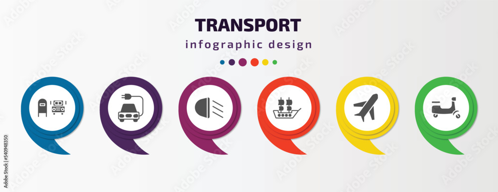 transport infographic template with icons and 6 step or option. transport icons such as scholar bus stop, electric car, car lights, galleon, airplane pointing up, scooter bike vector. can be used transport infographic template with icons and 6 step or option. transport icons such as scholar bus stop, electric car, car lights, galleon, airplane pointing up, scooter bike vector. can be used
