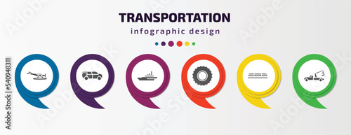 transportation infographic template with icons and 6 step or option. transportation icons such as hydroplane, eco-friendly transport, icebreaker ship, all terrain, light rail, tow truck vector. can