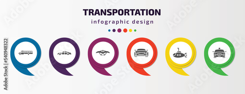 transportation infographic template with icons and 6 step or option. transportation icons such as school bus, police car, hang glider, car frontal view, small submarine, taxi vector. can be used for