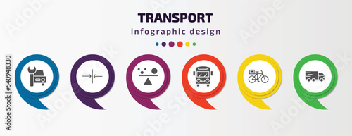 transport infographic template with icons and 6 step or option. transport icons such as car repair, slim, stability, bus, delivery bike, free transport vector. can be used for banner, info graph,