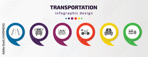 transportation infographic template with icons and 6 step or option. transportation icons such as road with broken lines, prison bus, ferry, bicycle rental, electro car, cargo truck vector. can be
