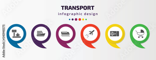 transport infographic template with icons and 6 step or option. transport icons such as airport checking, yacht navigate, bobsleigh, flying airplane, plane tickets, babysitter vector. can be used