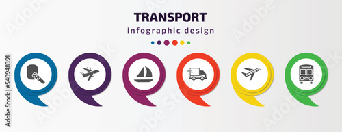 transport infographic template with icons and 6 step or option. transport icons such as hands free device, planes, sailing, shipping and delivery, air transport, bus front with driver vector. can be