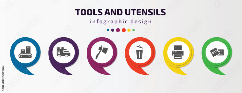 tools and utensils infographic template with icons and 6 step or option. tools and utensils icons such as packing hine, firetruck, hand axe, trash can open, print button, chote box vector. can be