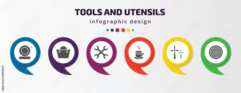 tools and utensils infographic template with icons and 6 step or option. tools and utensils icons such as electric bell, bag with big handle, cross wrench, cup of hot coffee, windmills, target tools and utensils infographic template with icons and 6 step or option. tools and utensils icons such as electric bell, bag with big handle, cross wrench, cup of hot coffee, windmills, target