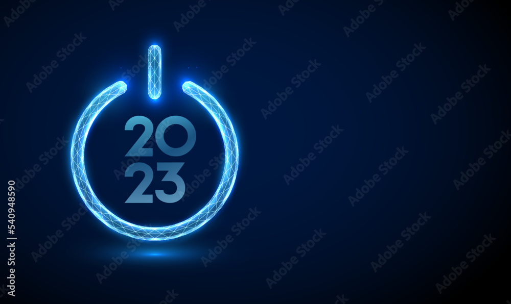 Abstract blue power button with number 2023 inside. - obrazy, fototapety, plakaty 