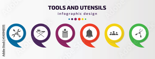 tools and utensils infographic template with icons and 6 step or option. tools and utensils icons such as reparation, iron table, printing calculator, hanging bell, squad, forceps vector. can be