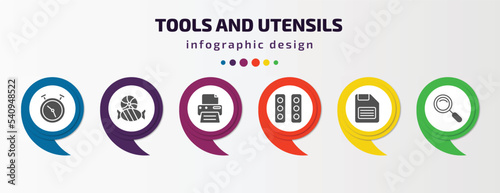 tools and utensils infographic template with icons and 6 step or option. tools and utensils icons such as timer round clock, candies, blank paper printer, semaphore lights, face down floppy disk,
